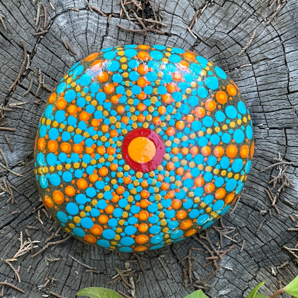 Mandala Rock Art
Orange Urchin
Hand-painted
Large sized. 
Repurposed beach rock